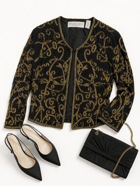 Vintage Valerie Stevens Evening Black Silk Gold Beaded Jacket Size 12